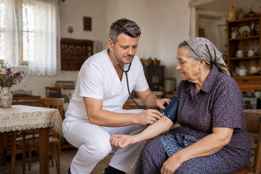 Cadru medical oferind o consultație de bază unei persoane vârstnice