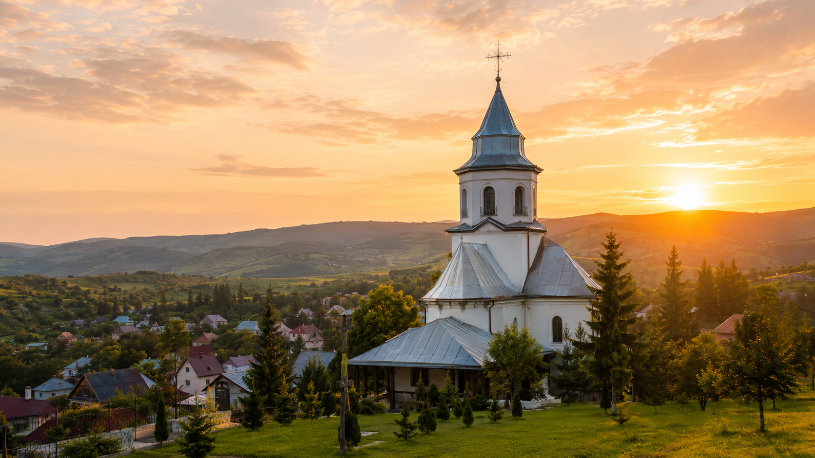 Imagine ilustrativă cu o biserică și comuna Schitu Duca la răsărit
