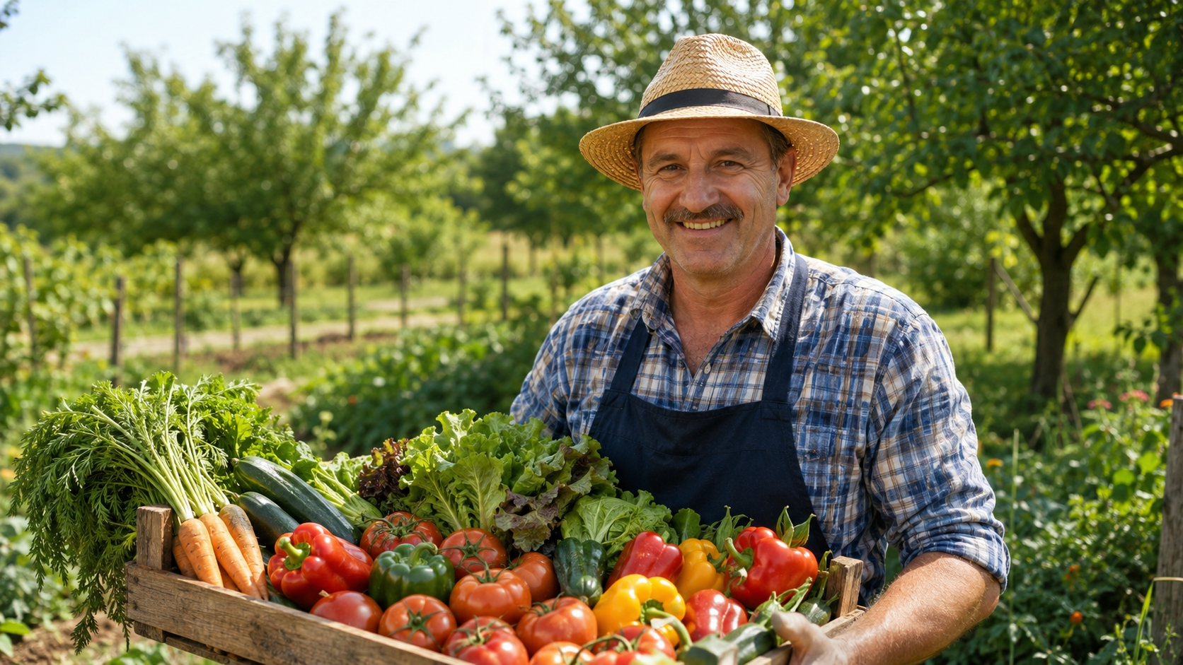 Imagine ilustrativă cu un producător local și legume proaspete