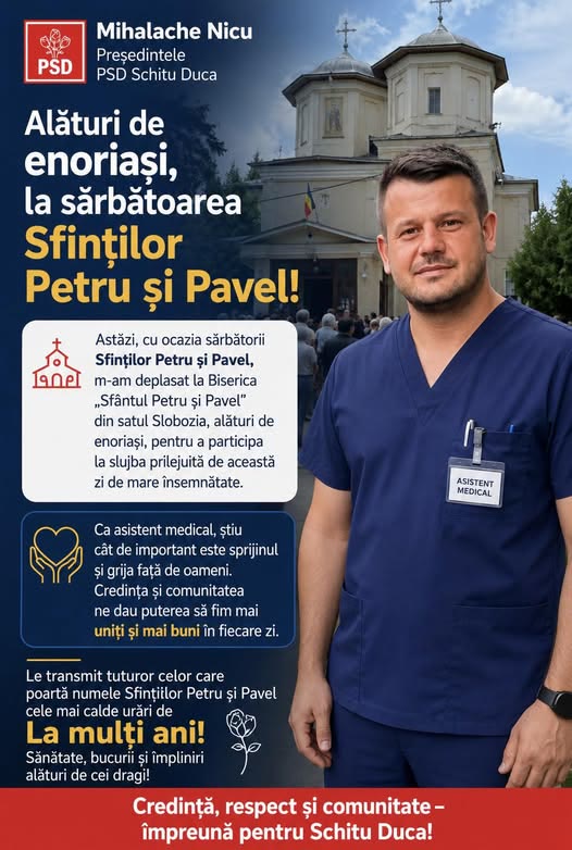 Nicu Mihalache alături de enoriași, la Biserica „Sfântul Petru și Pavel” din Slobozia