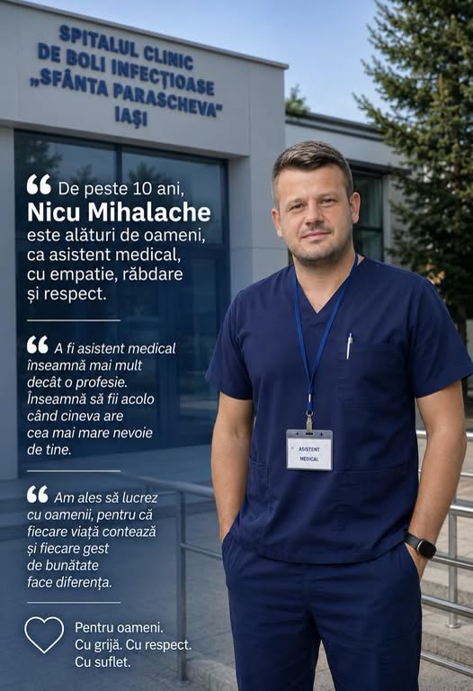 Nicu Mihalache în fața Spitalului Clinic de Boli Infecțioase „Sfânta Parascheva” din Iași